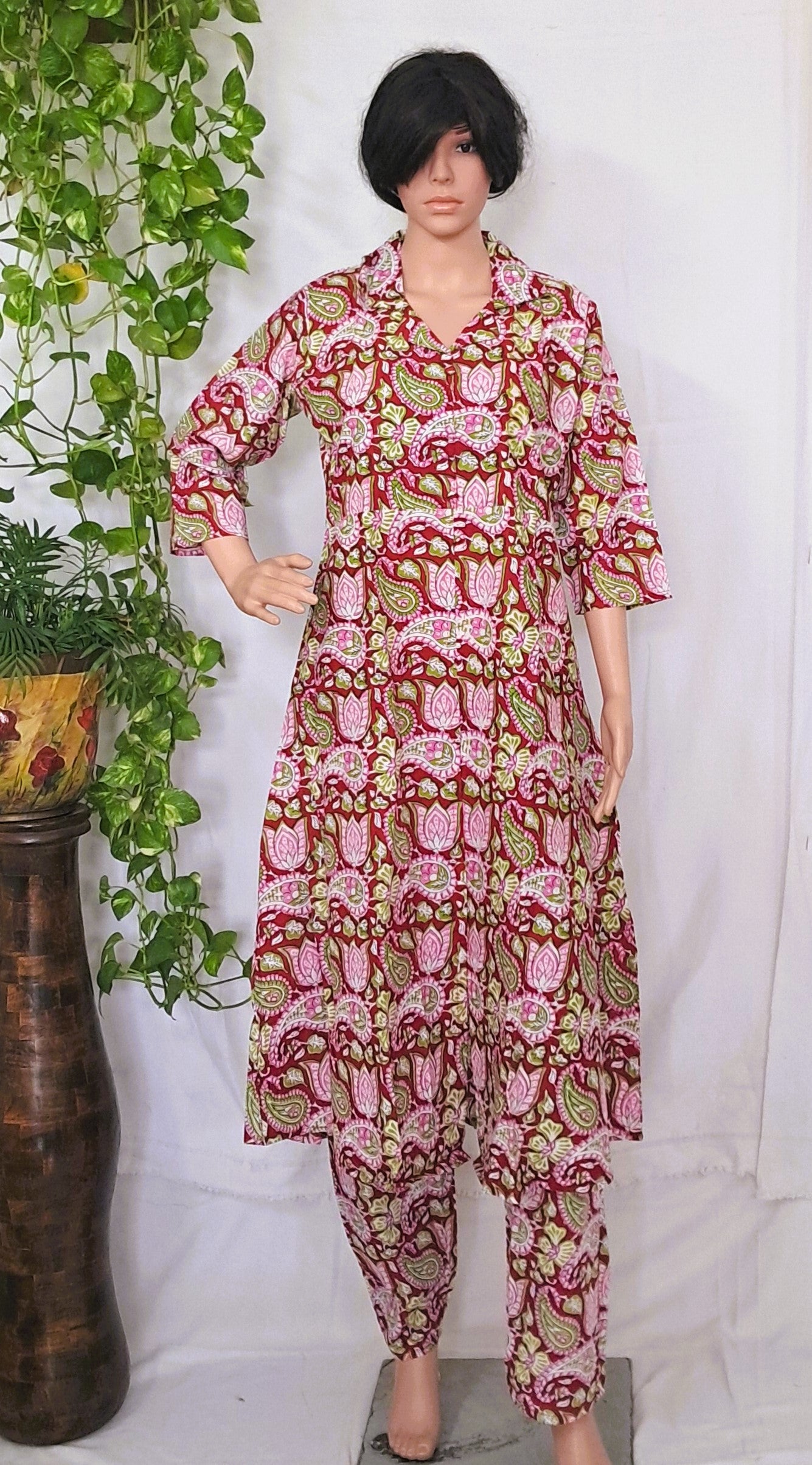 Maroon Floral Print Cotton Kurta Sets