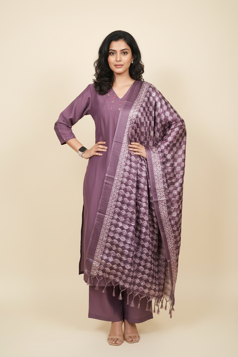 Lilac Embroidered Premium Chinon Silk Kurta Sets