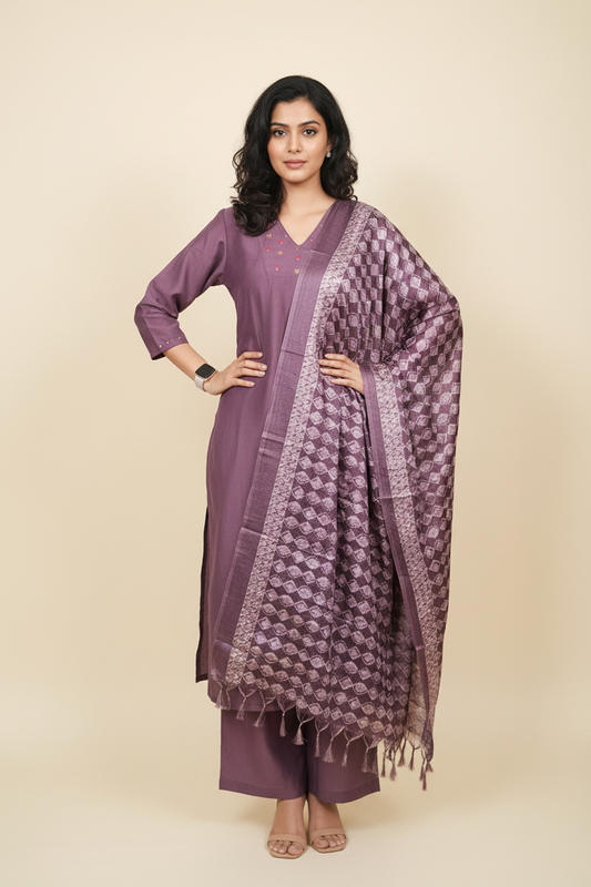 Lilac Embroidered Premium Chinon Silk Kurta Sets