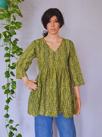 Green Cotton Frill Short Kurti