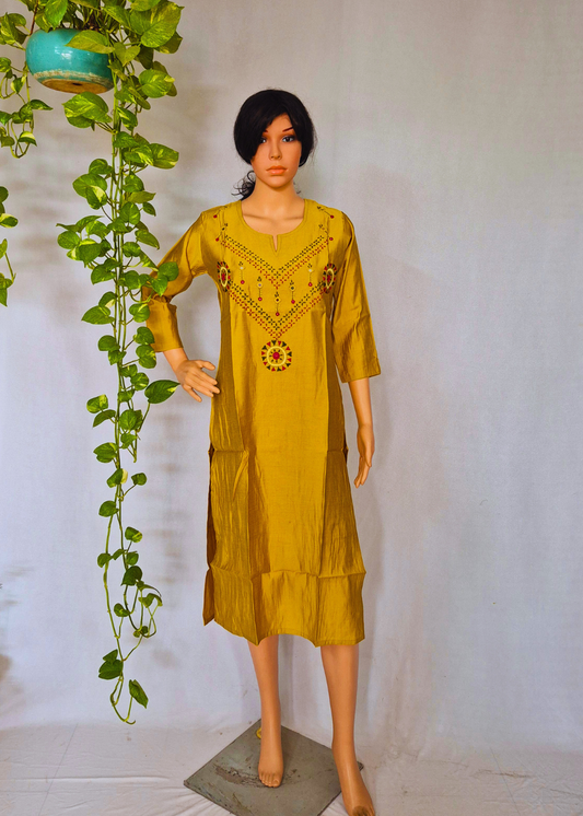 Roman Silk Embroidered Yellow Kurta