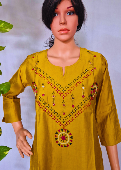 Roman Silk Embroidered Yellow Kurta