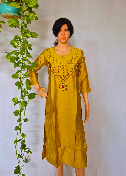 Roman Silk Embroidered Yellow Kurta