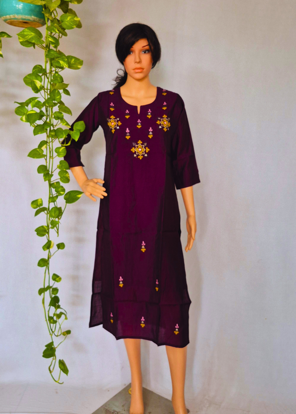 Roman Wine Silk Embroidered Kurta