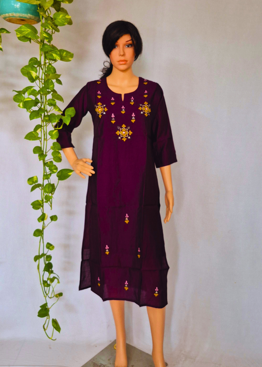 Roman Wine Silk Embroidered Kurta