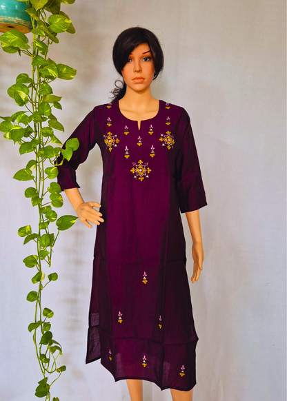 Roman Wine Silk Embroidered Kurta