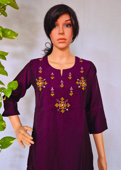 Roman Wine Silk Embroidered Kurta