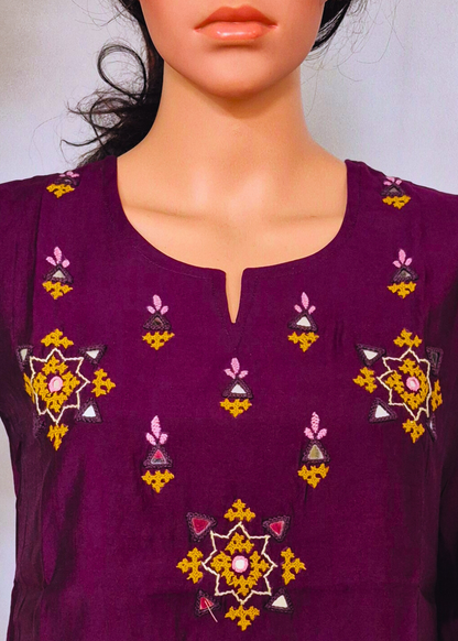 Roman Wine Silk Embroidered Kurta