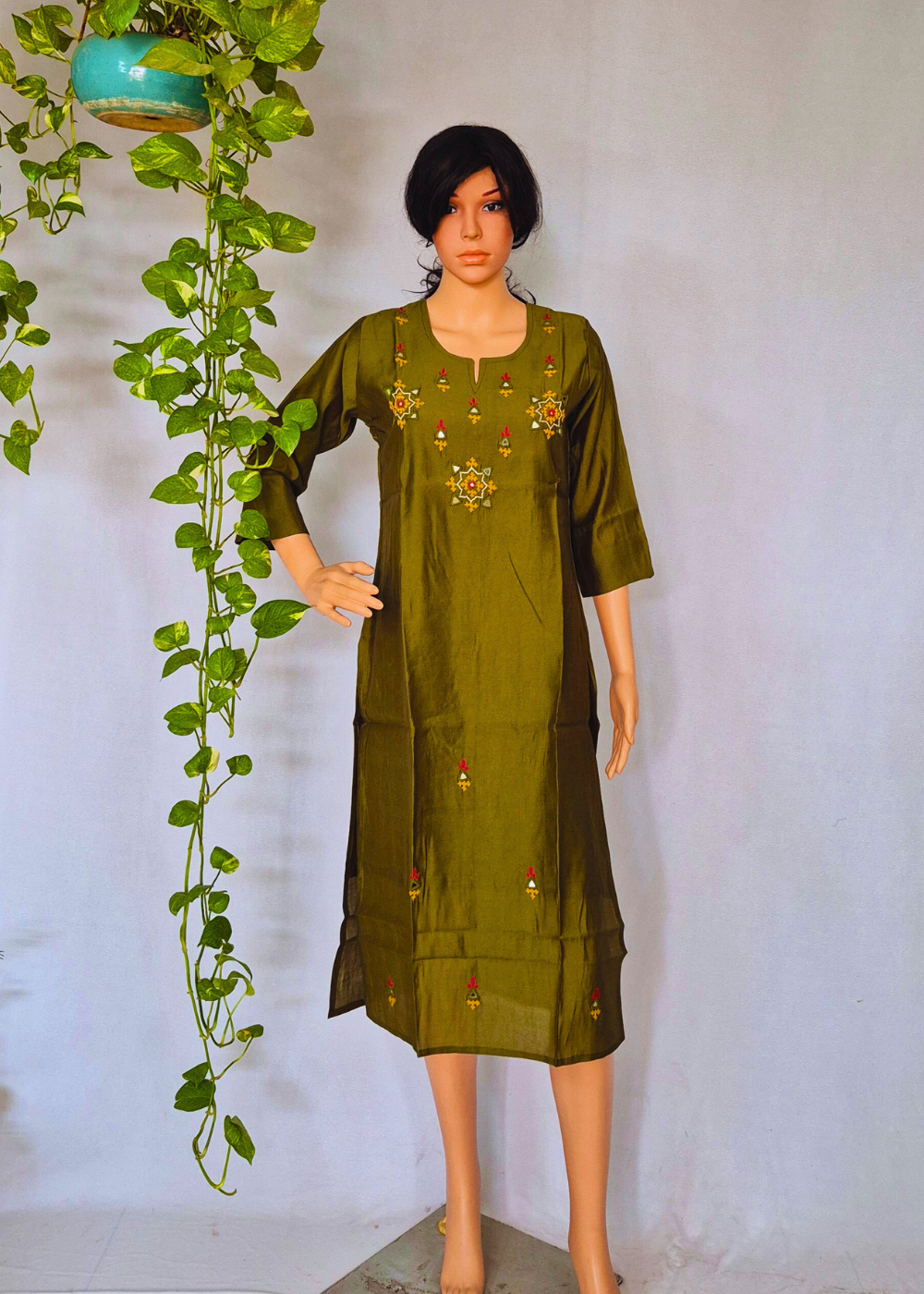 Roman Pista Green Silk Embroidered Kurta