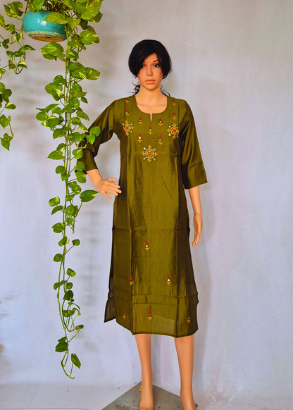 Roman Pista Green Silk Embroidered Kurta
