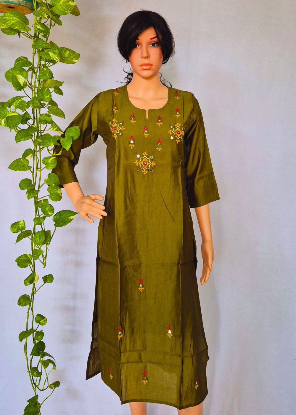 Roman Pista Green Silk Embroidered Kurta