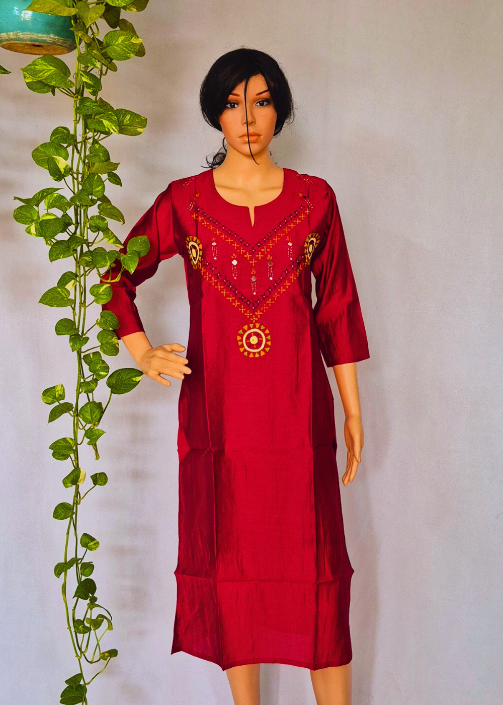 Roman Marron Silk Embroidered Kurta