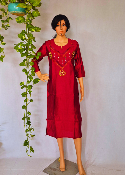 Roman Marron Silk Embroidered Kurta