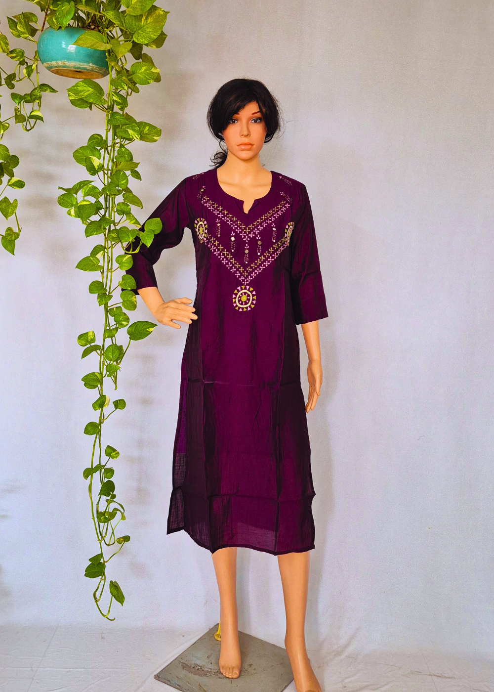 Roman Wine Silk Embroidered Kurta