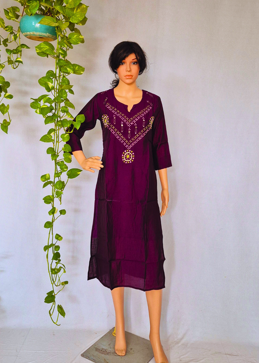 Roman Wine Silk Embroidered Kurta