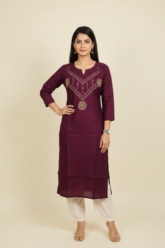 Roman Wine Silk Embroidered Kurta