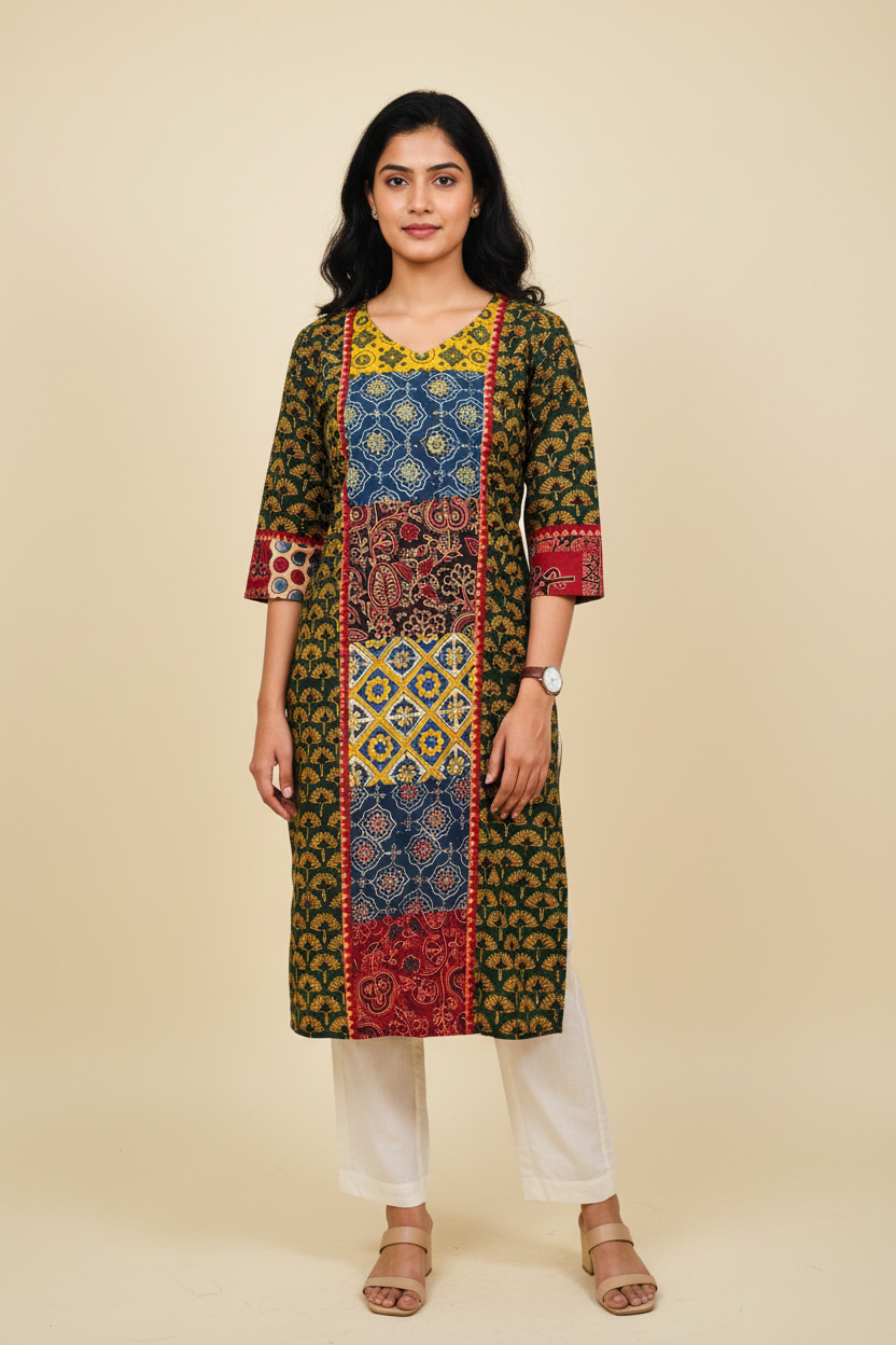 Ajarakh Handblock Green Cotton Kurti