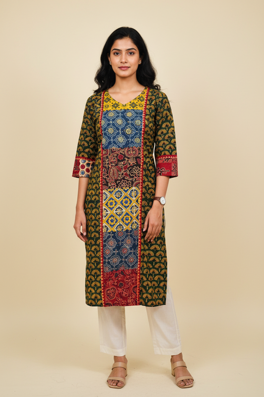 Ajarakh Handblock Green Cotton Kurti