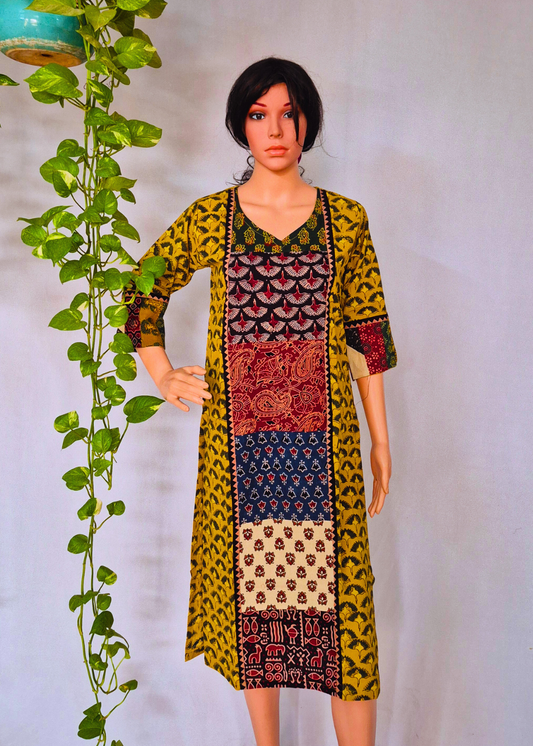Ajarakh Handblock Yellow Cotton Kurti