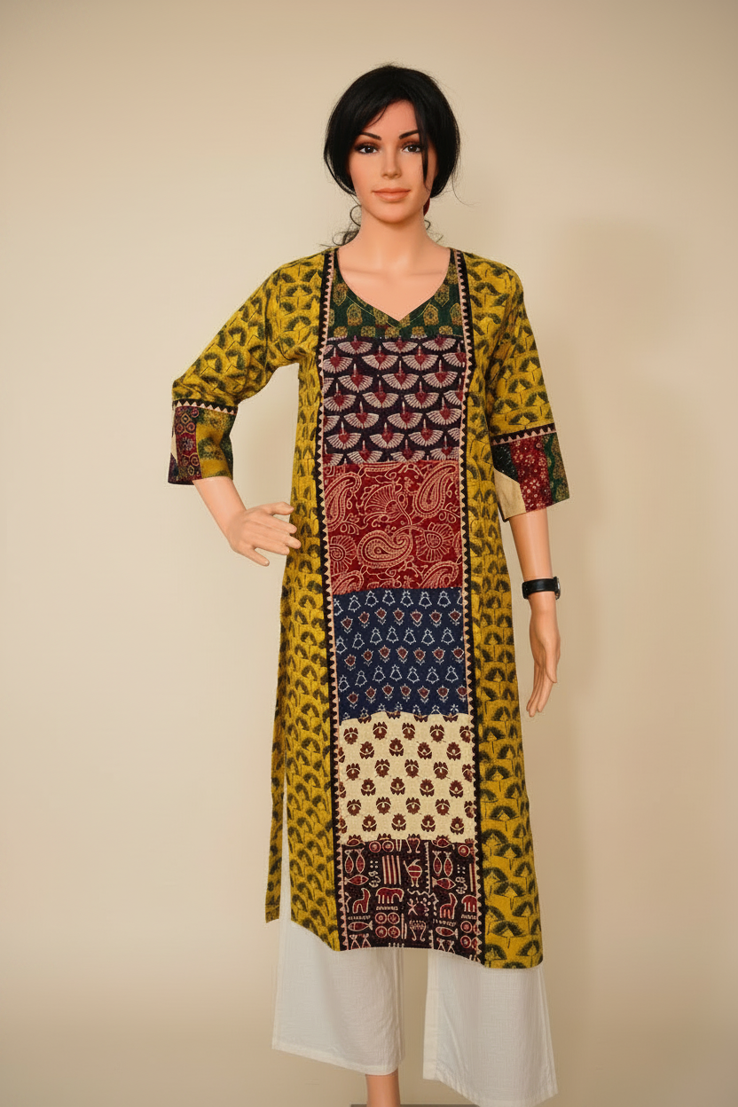 Ajarakh Handblock Yellow Cotton Kurti