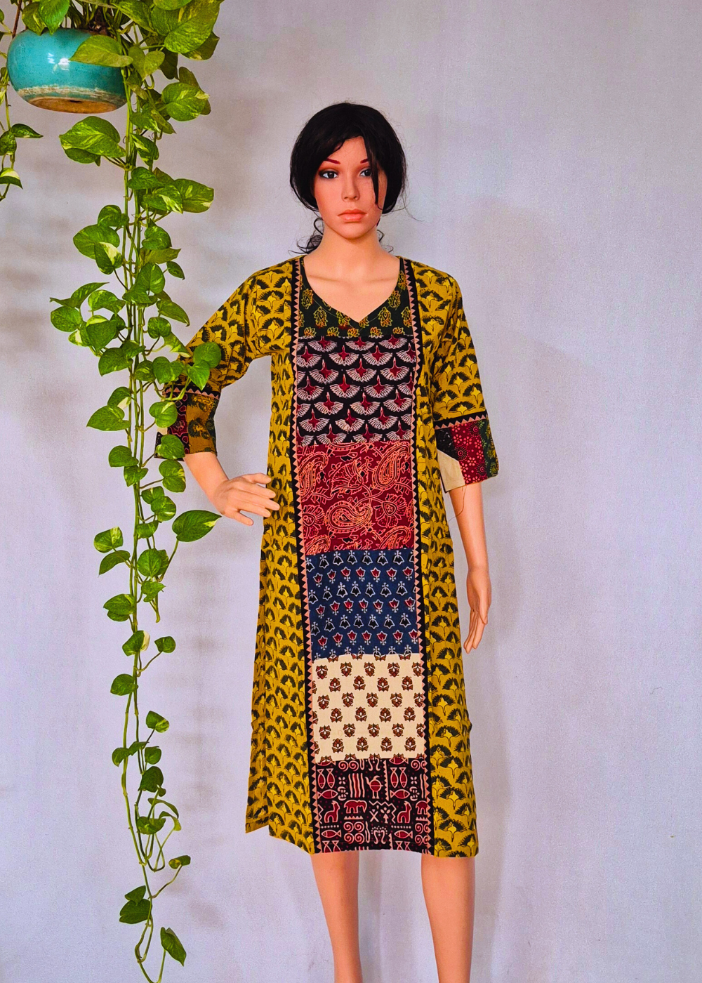Ajarakh Handblock Yellow Cotton Kurti