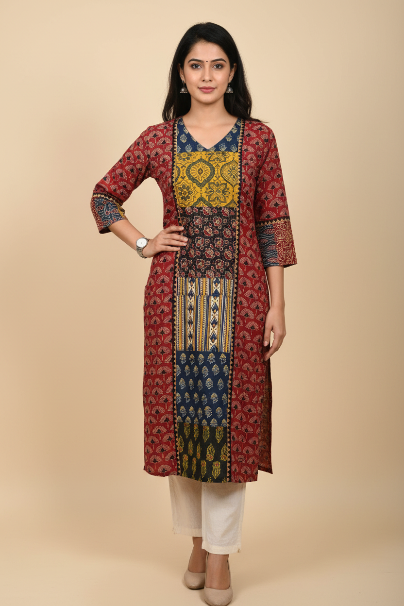 Ajarakh Handblock Maroon Cotton Kurti