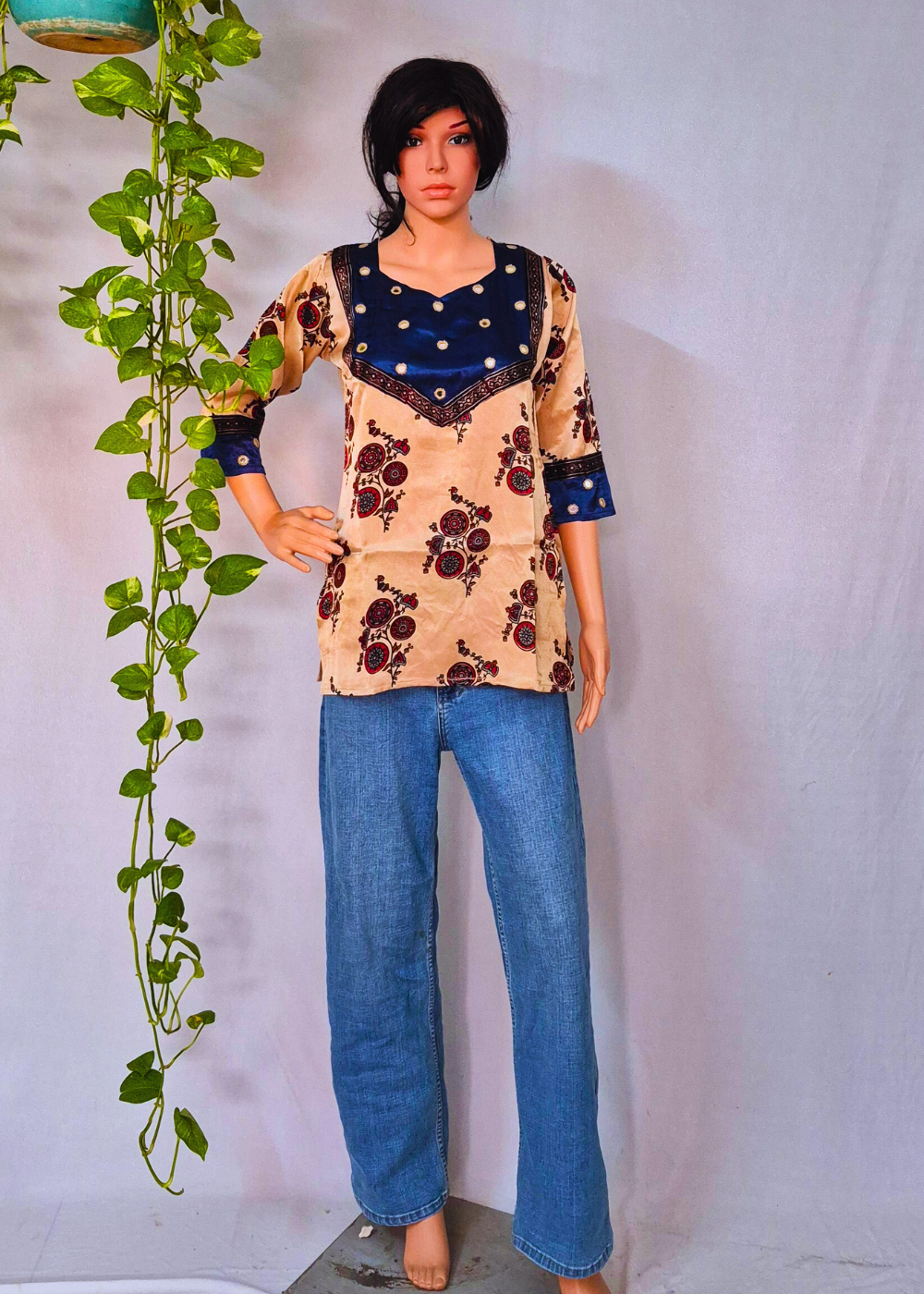 Mashru Silk Beige Short Kurti