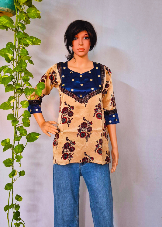 Mashru Silk Beige Short Kurti