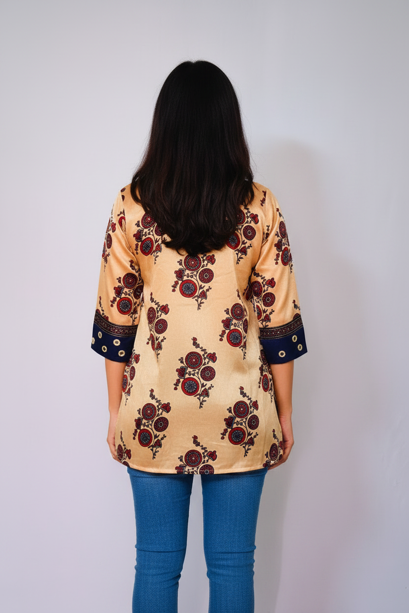 Mashru Silk Beige Short Kurti