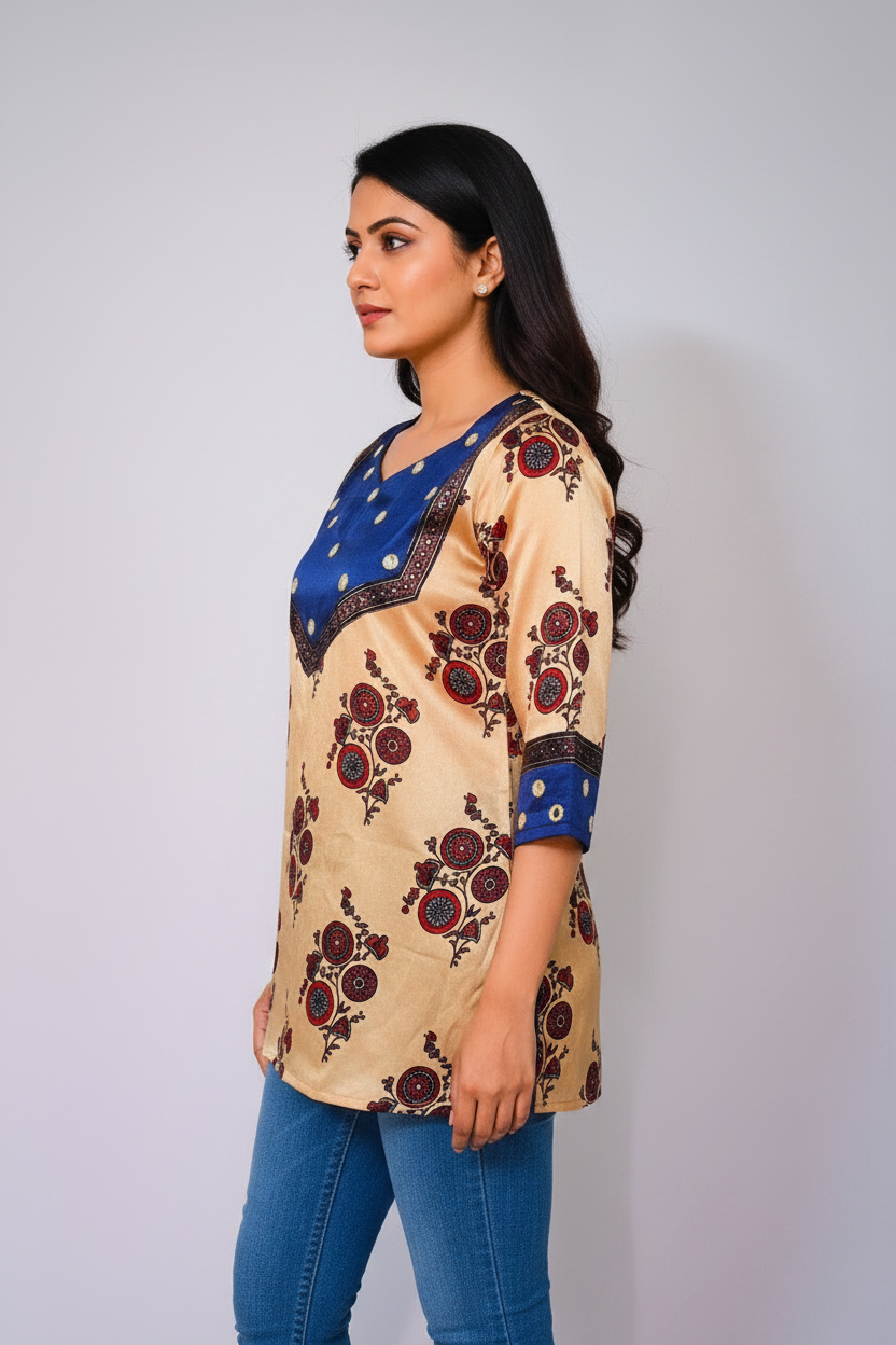 Mashru Silk Beige Short Kurti