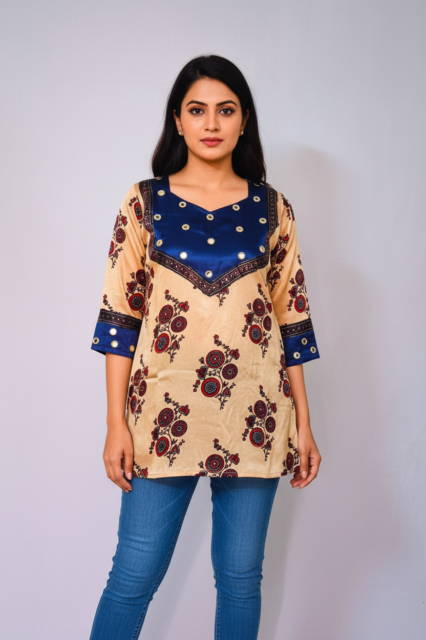 Mashru Silk Beige Short Kurti
