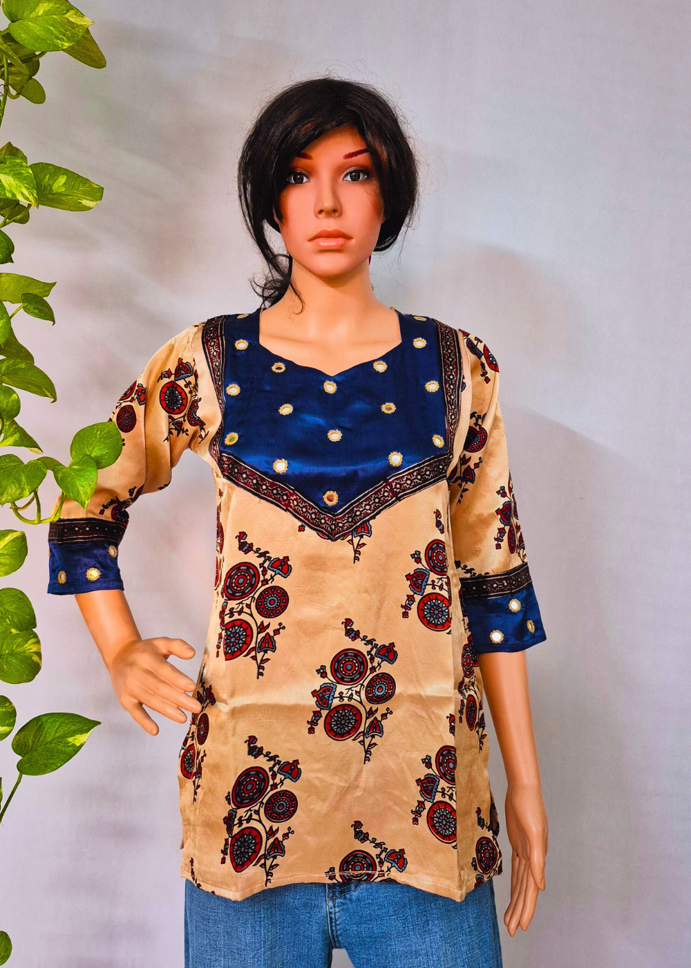 Mashru Silk Beige Short Kurti