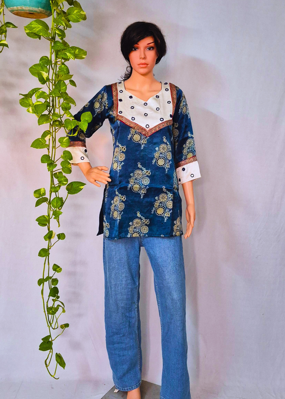 Mashru Silk Blue Short Kurti