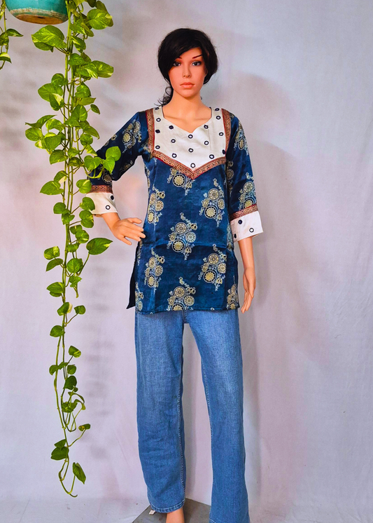 Mashru Silk Blue Short Kurti