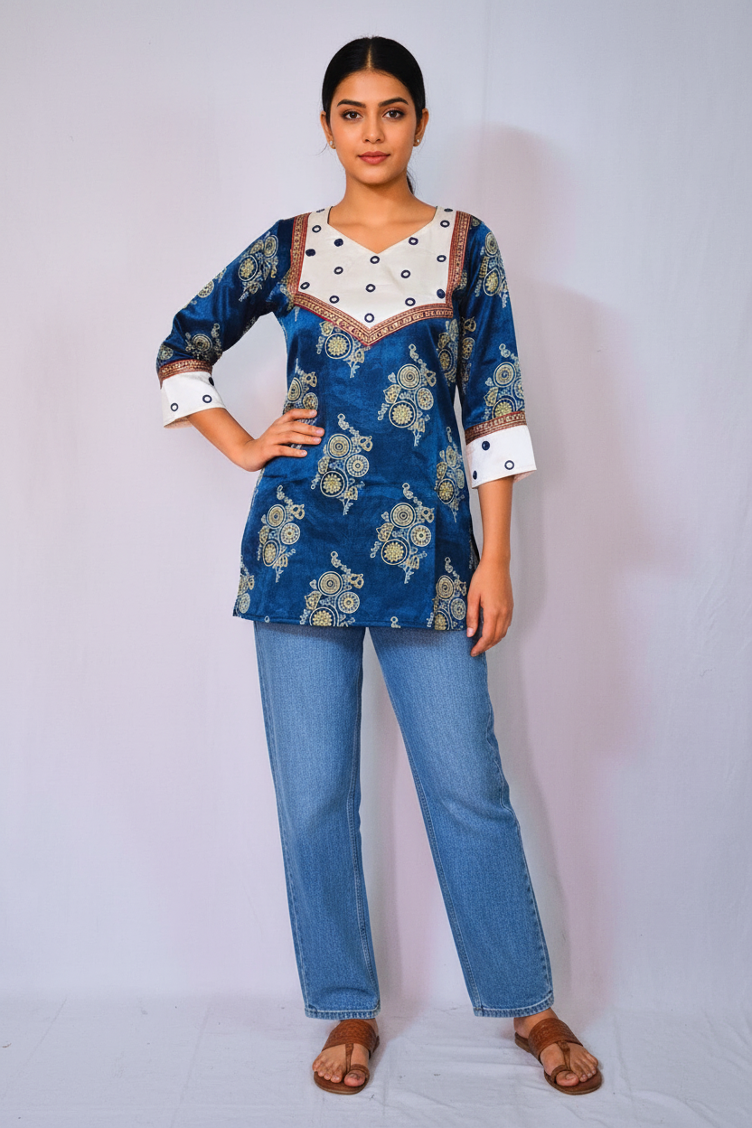 Mashru Silk Blue Short Kurti