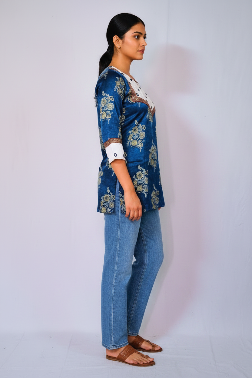 Mashru Silk Blue Short Kurti