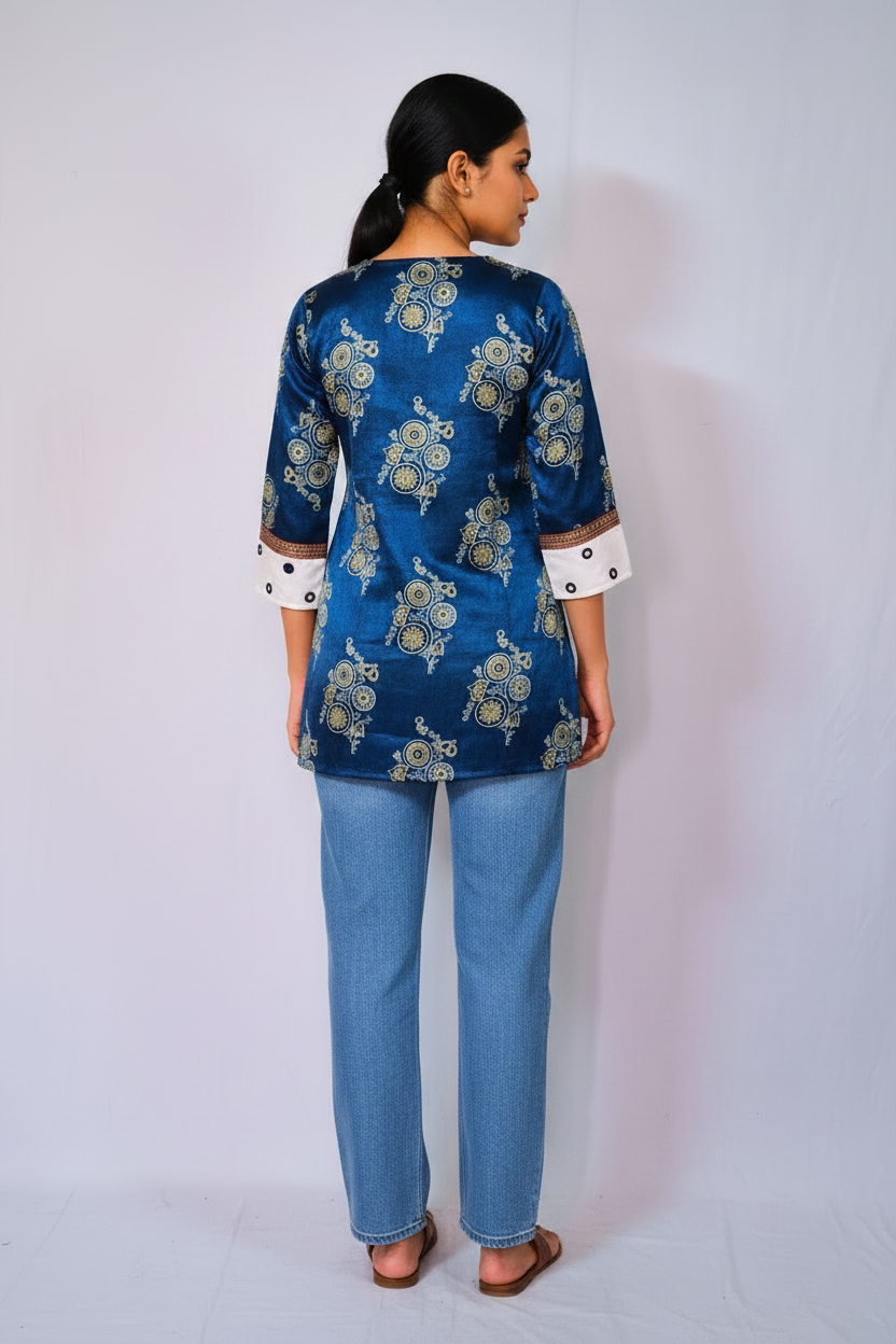 Mashru Silk Blue Short Kurti