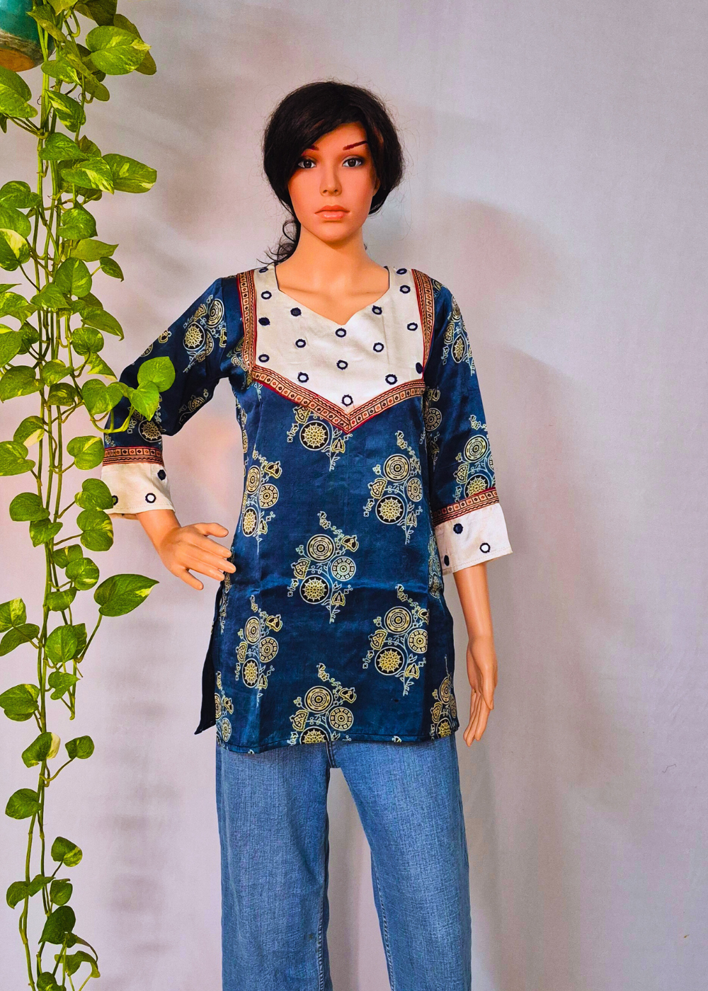 Mashru Silk Blue Short Kurti