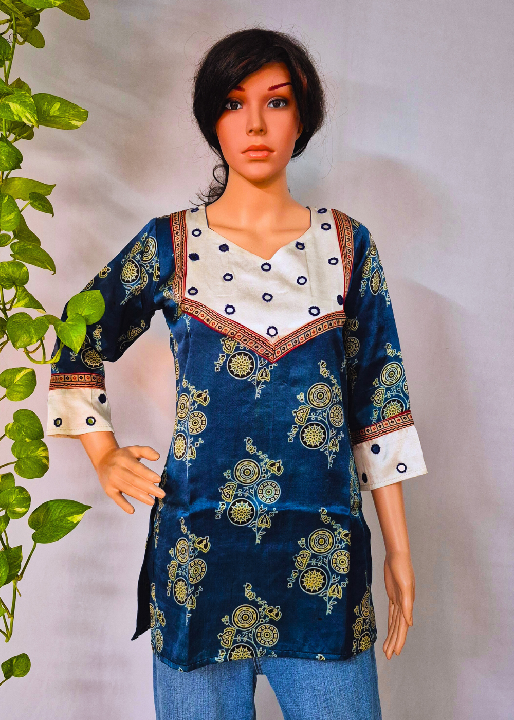 Mashru Silk Blue Short Kurti