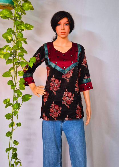 Mashru Silk Black Short Kurti