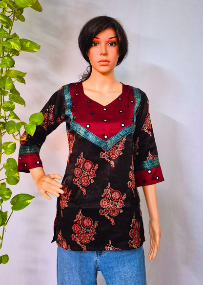 Mashru Silk Black Short Kurti