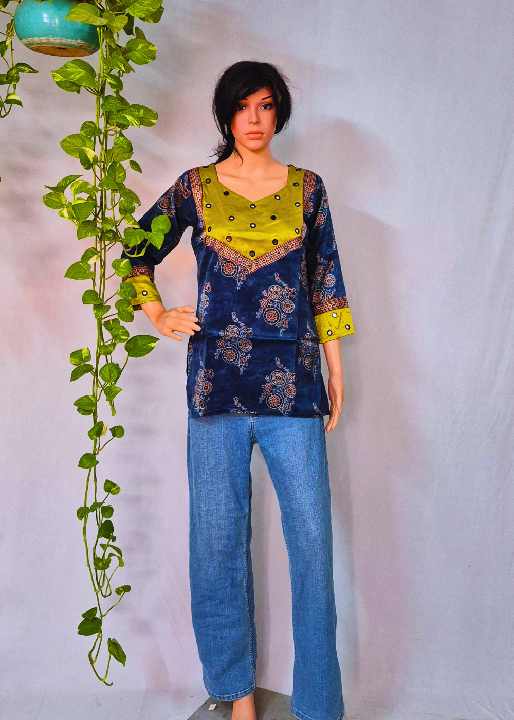 Mashru Silk Blue Short Kurti