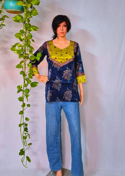 Mashru Silk Blue Short Kurti