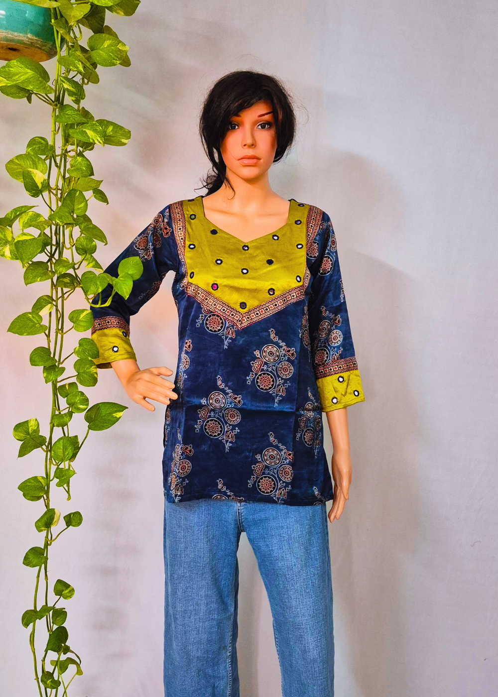 Mashru Silk Blue Short Kurti
