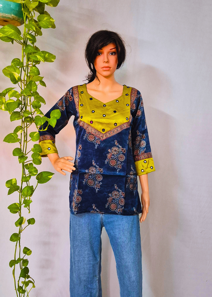 Mashru Silk Blue Short Kurti