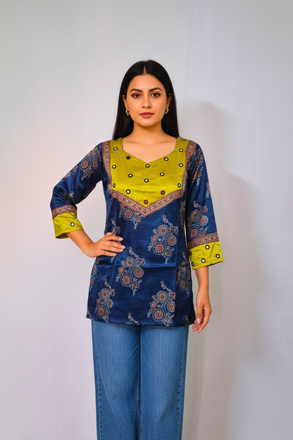 Mashru Silk Blue Short Kurti