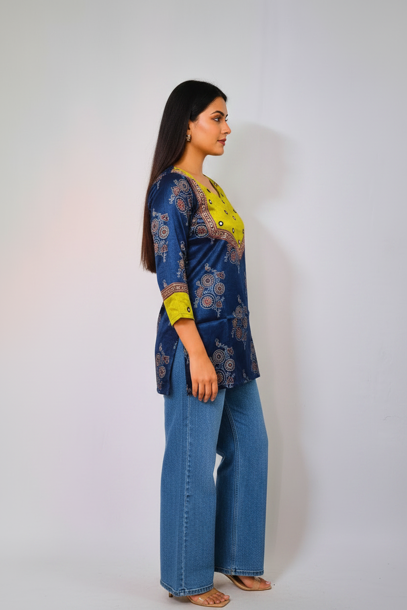 Mashru Silk Blue Short Kurti