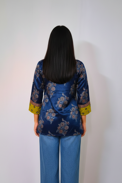 Mashru Silk Blue Short Kurti