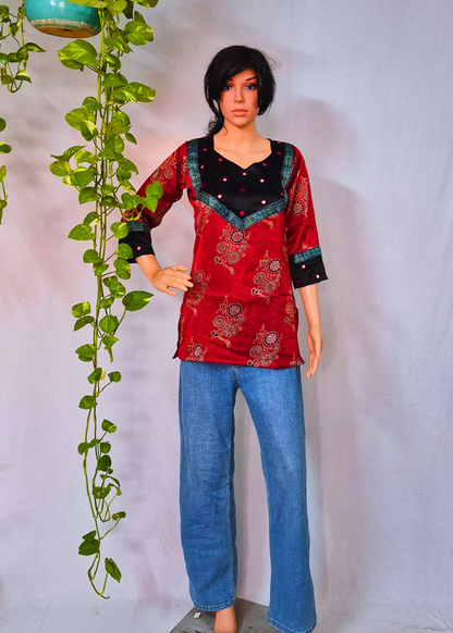 Mashru Silk Maroon Short Kurti