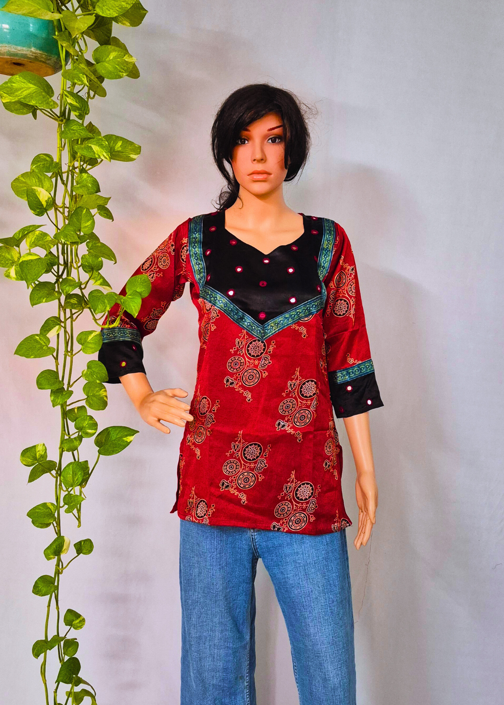 Mashru Silk Maroon Short Kurti